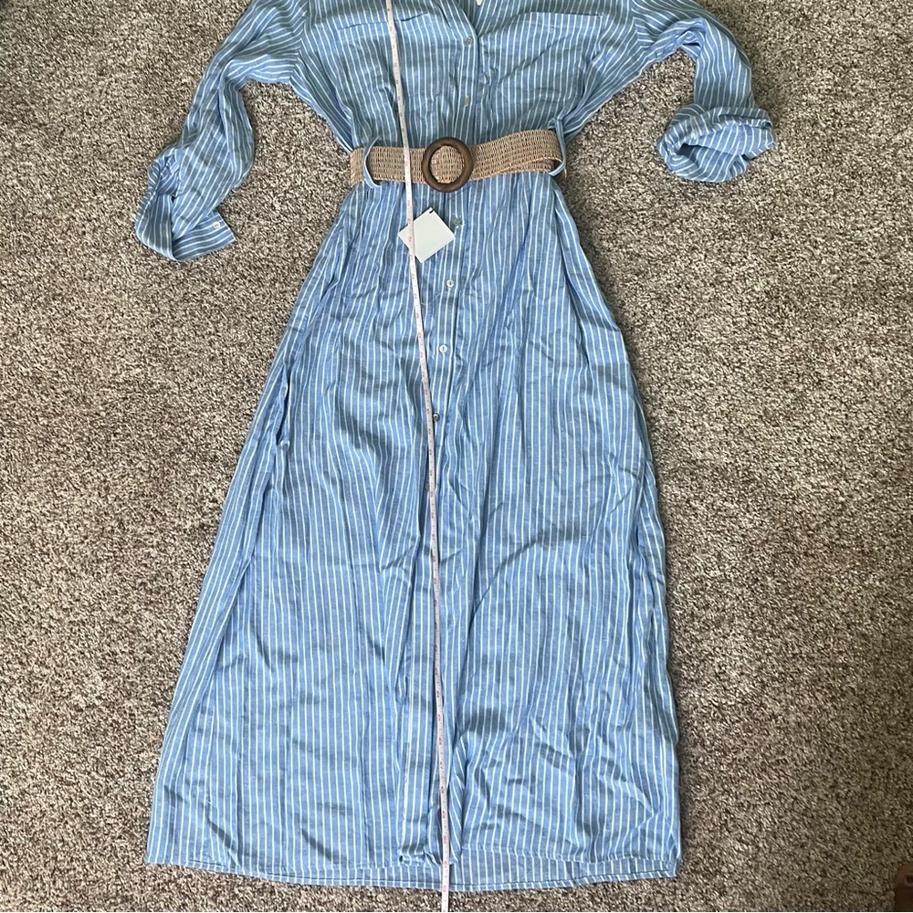 Zara Belted Linen Midi Shirt Dress V-Neck Tab Sleeve Striped Blue White Size XL - Picture 10 of 11